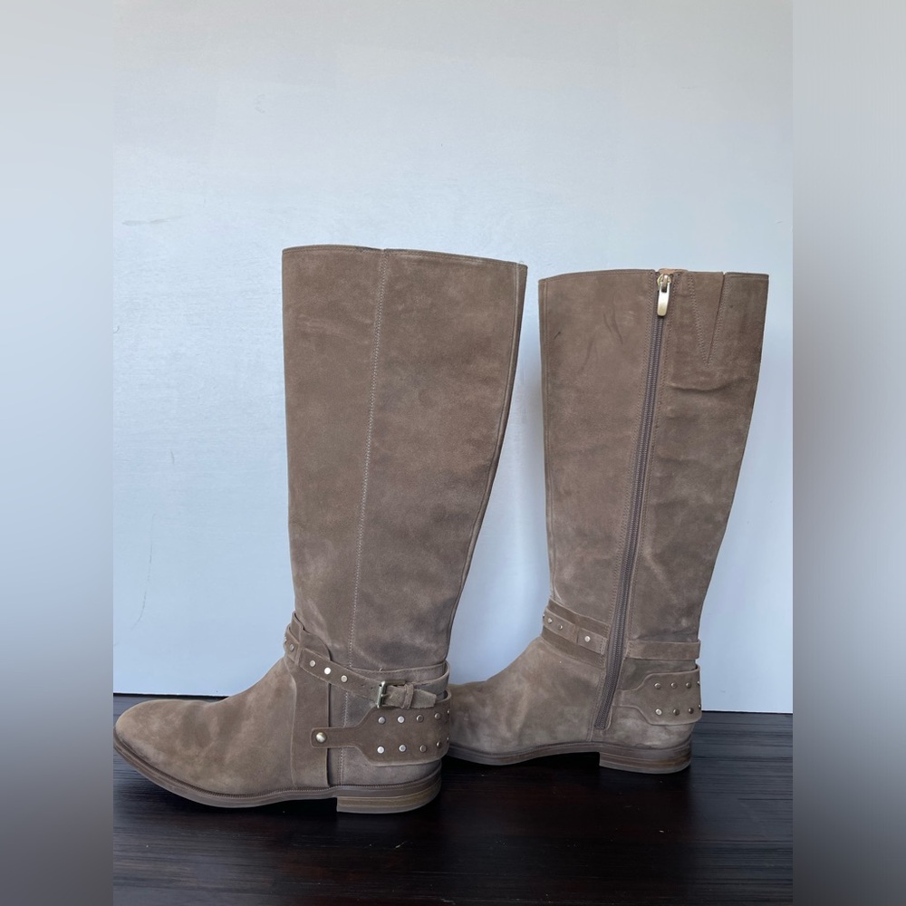 Nine West Brown Suede Leather Tall Boots Side Zip Gold Hardware 7.5